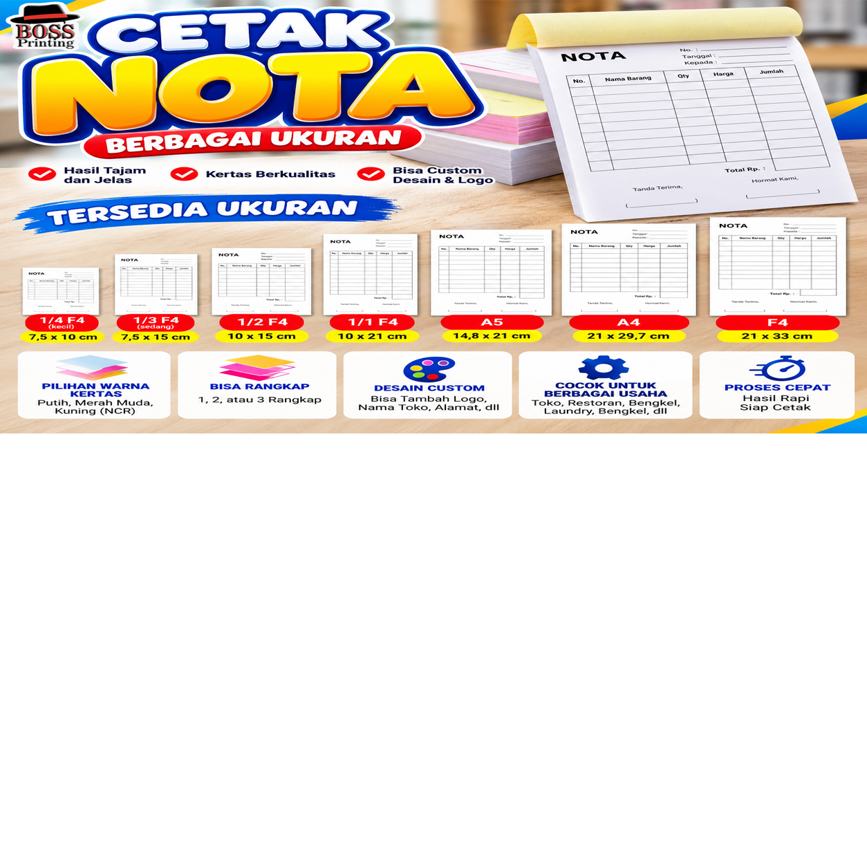 CETAK NOTA CUSTOM – BERBAGAI UKURAN | BISA PAKAI LOGO | CETAK NOTA USAHA